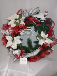 24" White and Silver Poinsettia Wreath from Lloyd's Florist, local florist in Louisville,KY