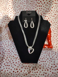silver rope with heart neckless and matching ear rings  from Lloyd's Florist, local florist in Louisville,KY