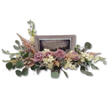 fresh arrangment with a small keepsake plaque