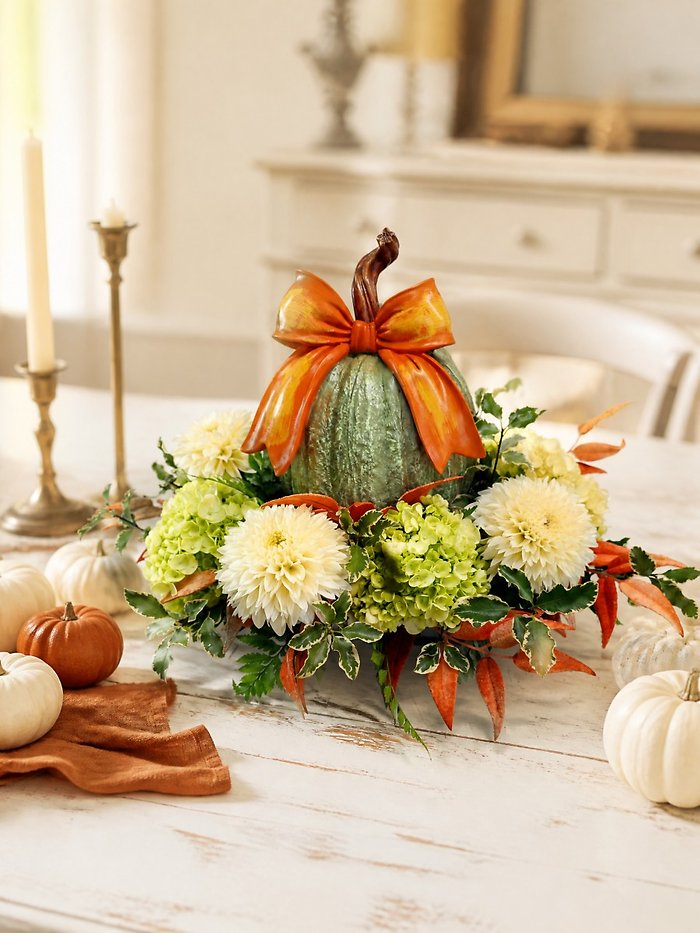 Sage Green Pumpkin with Bow Arrangement