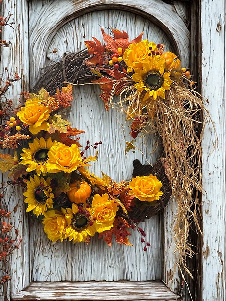 Yellow Sunflowers with Orange Pumpkins Wreath