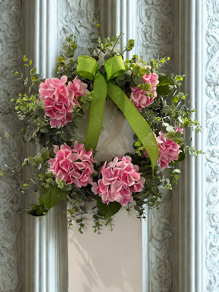 Pink Hydrangeas with Green Bow Wreath