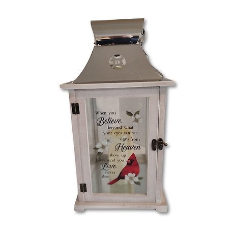 Wood and silver lantern with words